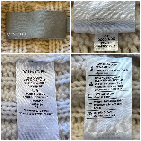 VINCE Wool Cashmere Chunky Cable Knit Sweater Cream Large L Unisex - Picture 7 of 14